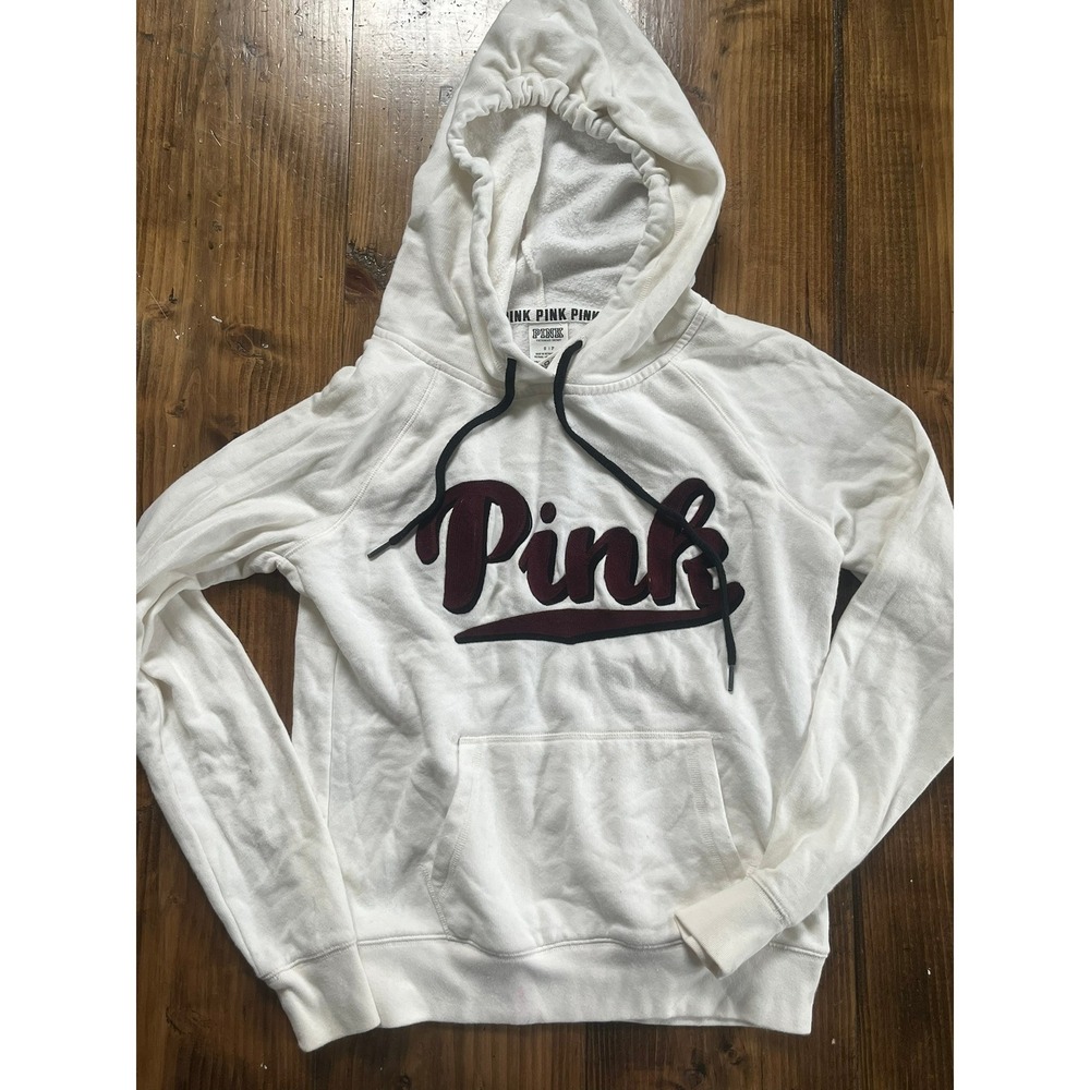 Victoria's Secret PINK Hoodie White Chenille Logo Pullover Sweatshirt Small